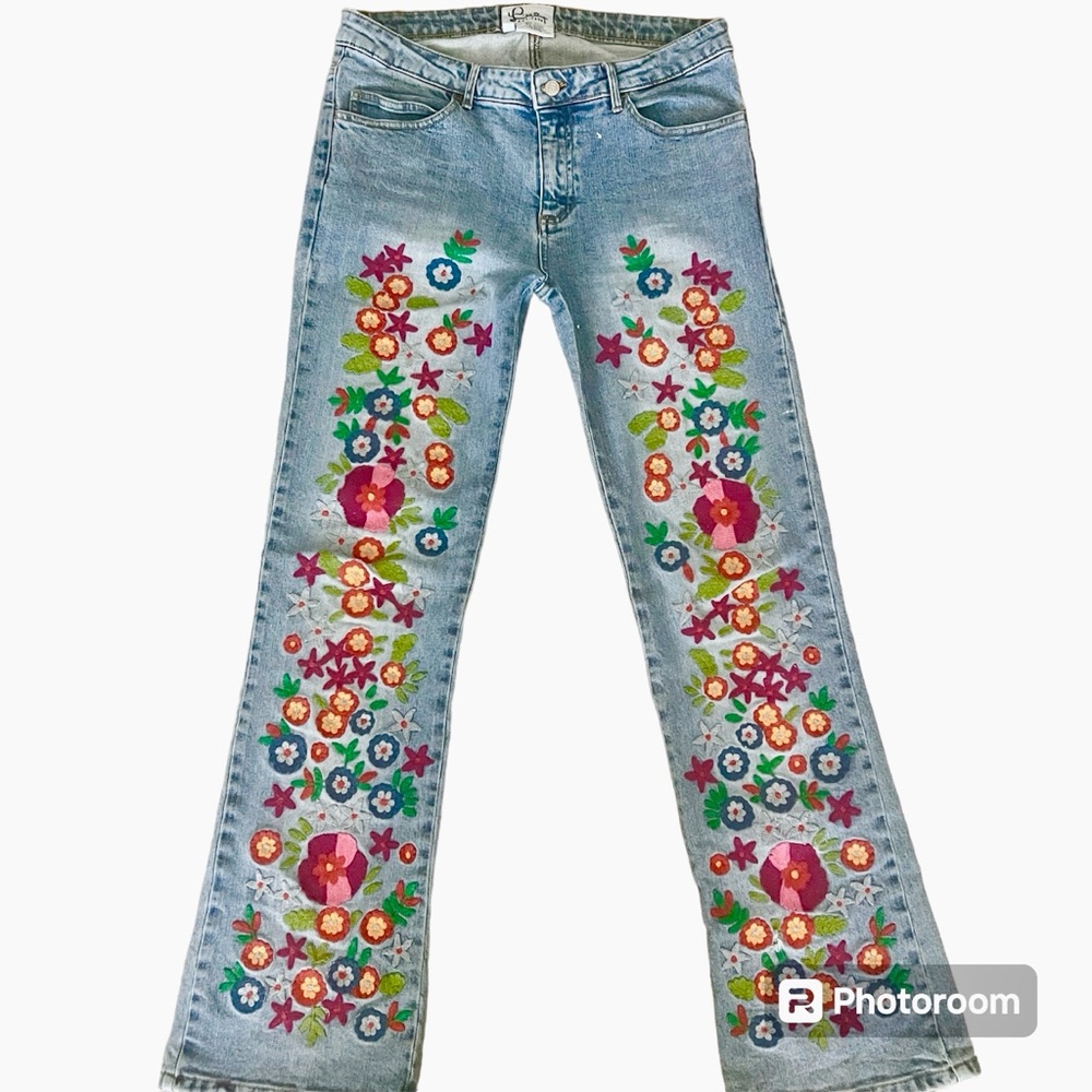 Vintage Lilly Pulitzer Bootcut Floral Embroidered Blue Jeans Sz  4